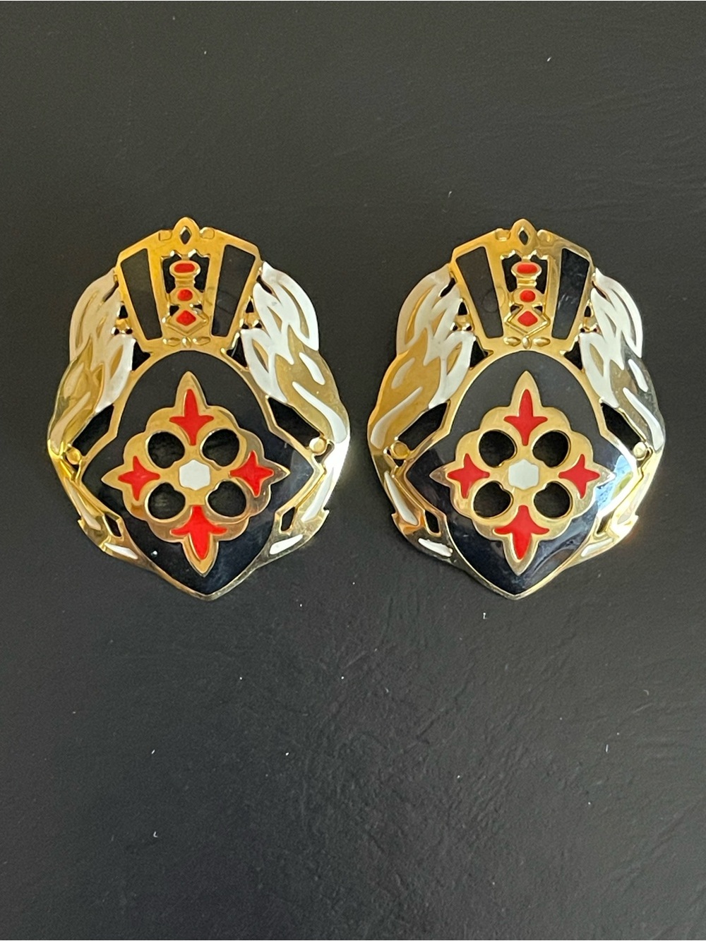 Vintage Edgar Berebi Gold-Tone Black & Red Enamel Shield Earrings.